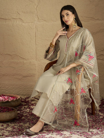 Varanga Women Elegant Three-Piece Set Featuring A Shimmer-Detailed Grey Kurta, Solid Ankle-Length Trousers, And An Embroidered Net Dupatta Perfect For Festive Occasions.